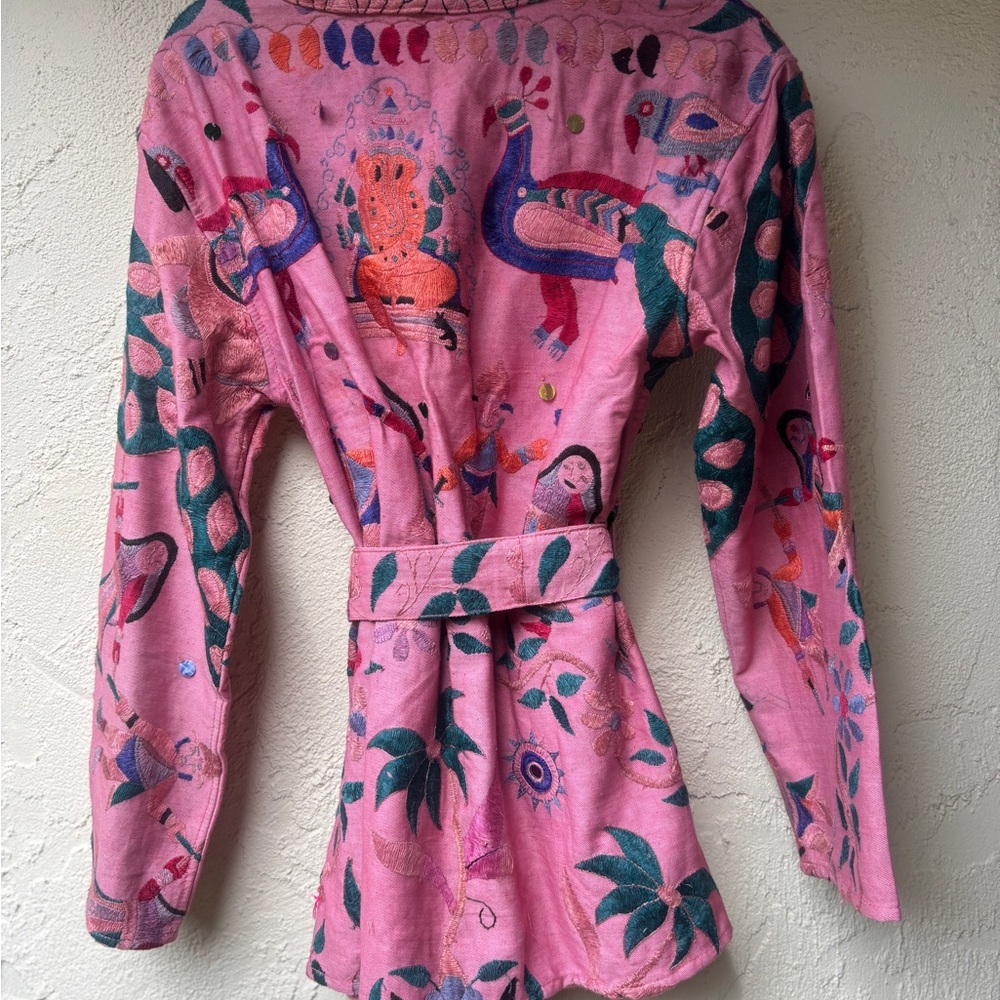 Pink Embroidered Cotton Belted Jacket
